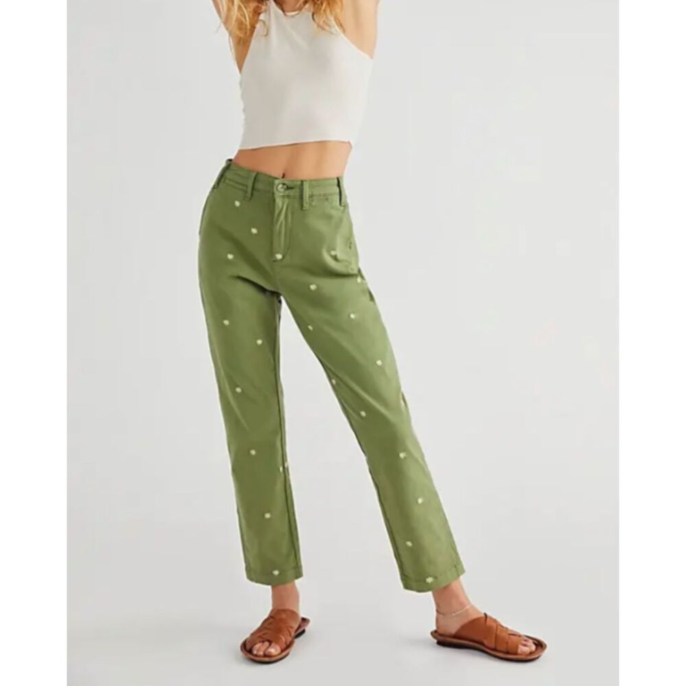 Free People Driftwood Green Cotton Floral Embroidered Casual Chino Pants - M